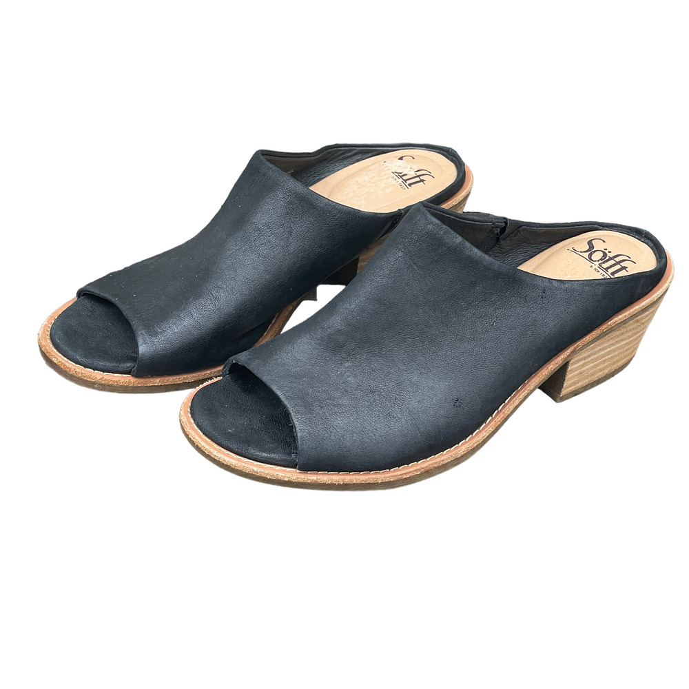 Sofft l Aneesa Black Leather Stacked Heel Sandals - Size 7.5